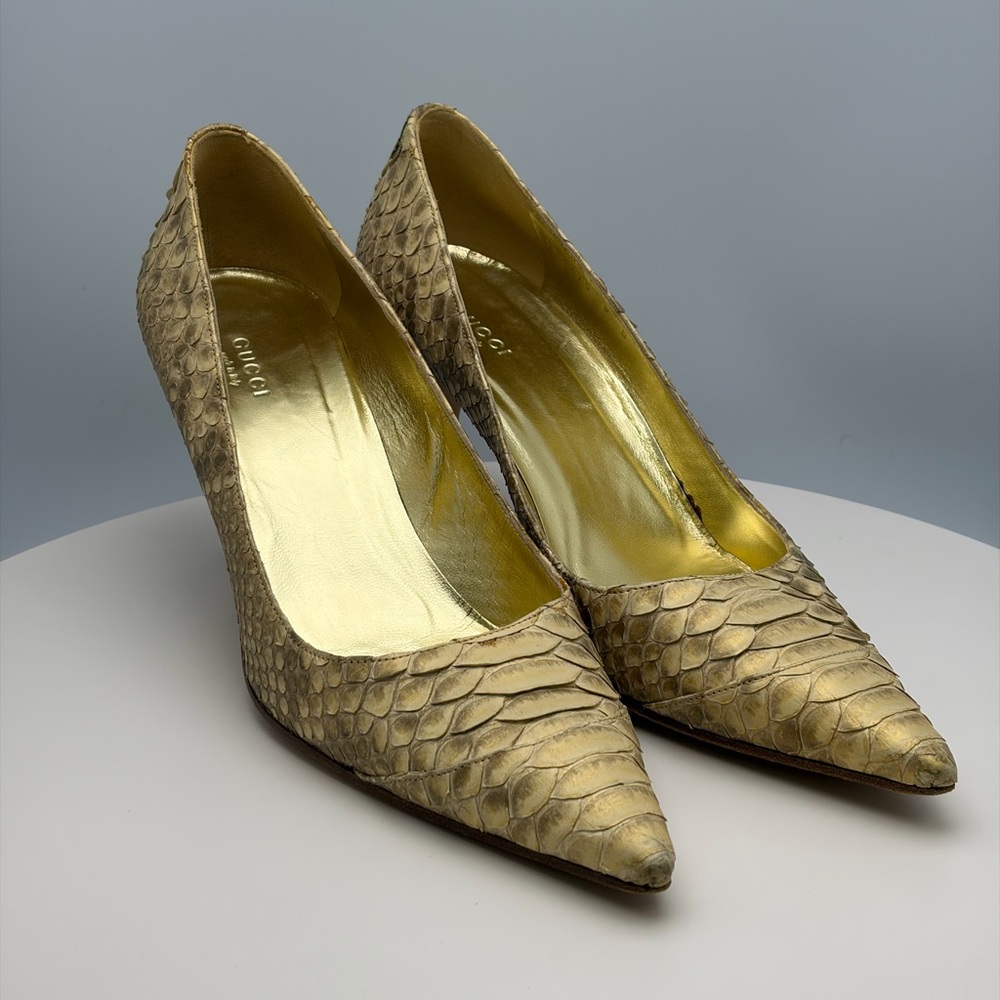 Vintage Gucci Metallic Gold Python Pumps - image 1